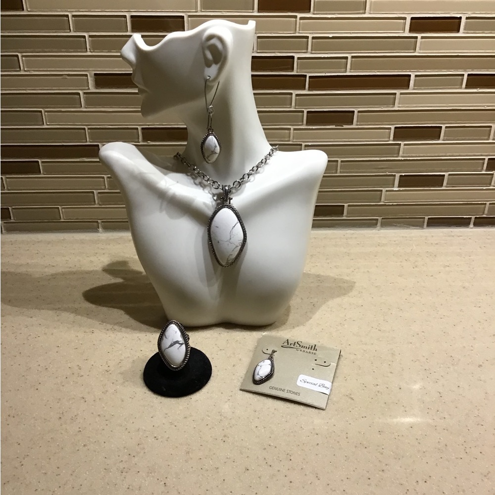 Barse white Howlite necklace ring and earrings set, Silver plated.